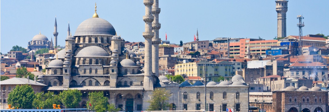 A view of Ortakoy Mosque and the city of Istanbul from the Bosphorus River